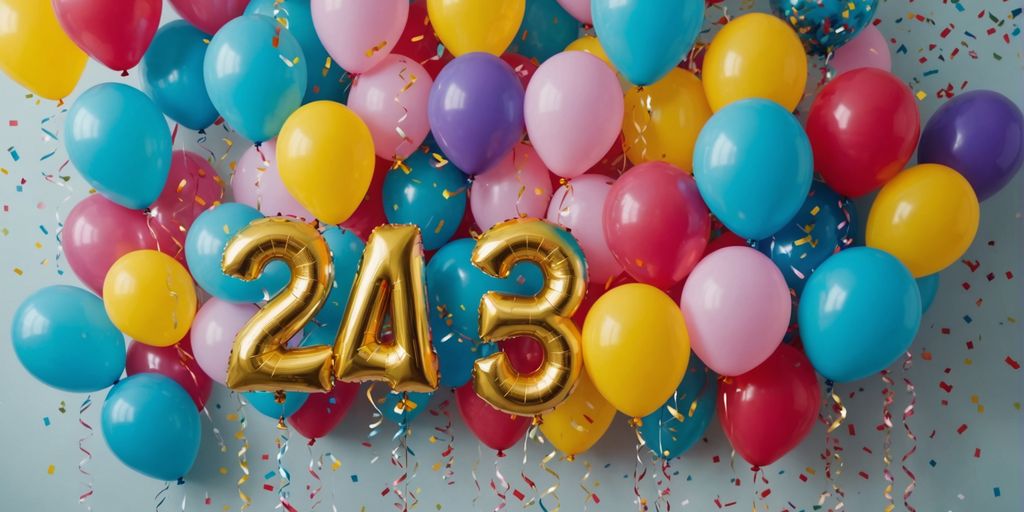 Handmade birthday decorations with balloons and confetti
