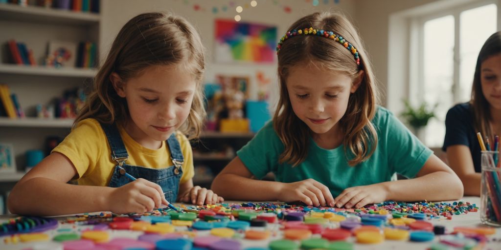 Children crafting with colorful supplies in kindergarten