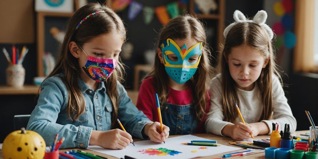 Kids making masks with colorful paper and art supplies.