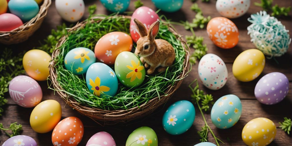 Easter crafts with eggs, bunnies, and spring decor.