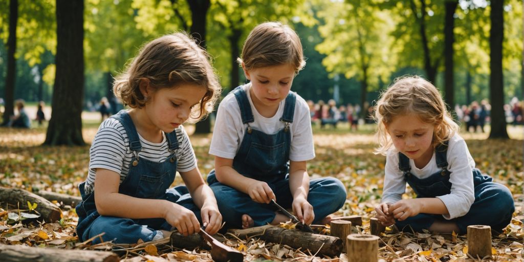 Kids making crafts with leaves and twigs outdoors.
