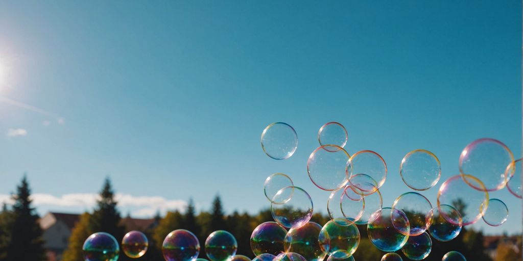 Vibrant soap bubbles drifting against a clear blue sky.