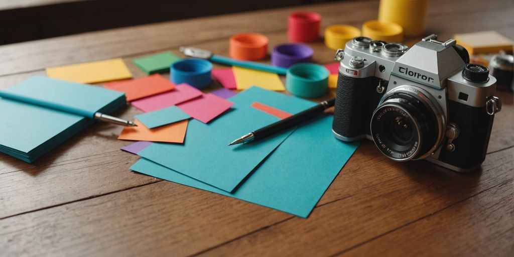 Children's paper crafts with scissors and glue on table