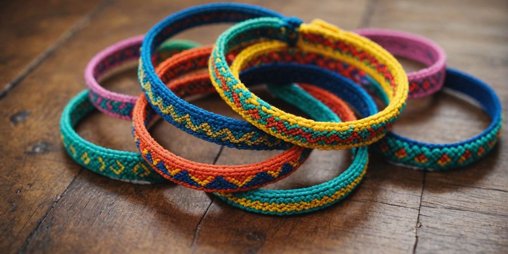 Handmade friendship bracelets with various patterns and colors.