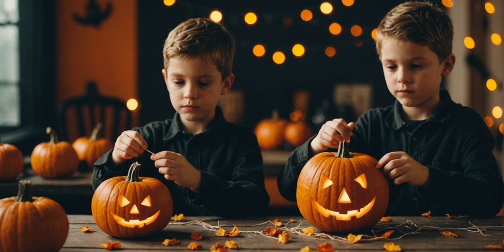 Children making Halloween crafts with pumpkins and spooky decorations